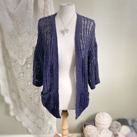 FREE PEOPLE | Chunky Open Knit Navy Blue Cardigan - Picture 3 of 8